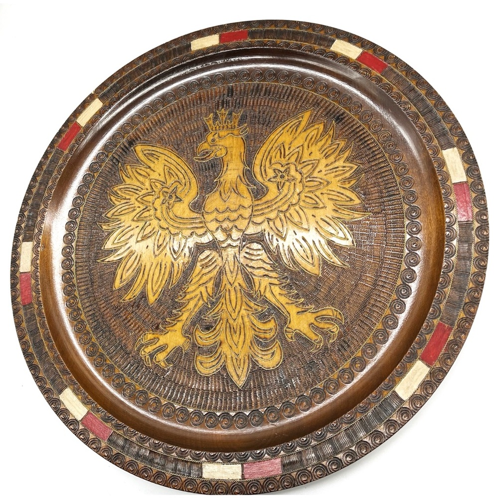 Vintage Hand Carved Brass inlaid inlay Wood Plate Wall Hanging Bird Folk Art